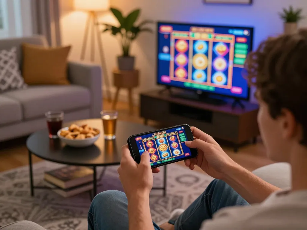 Player enjoying mobile casino gaming on a smartphone with 789winh displaying exciting slots.