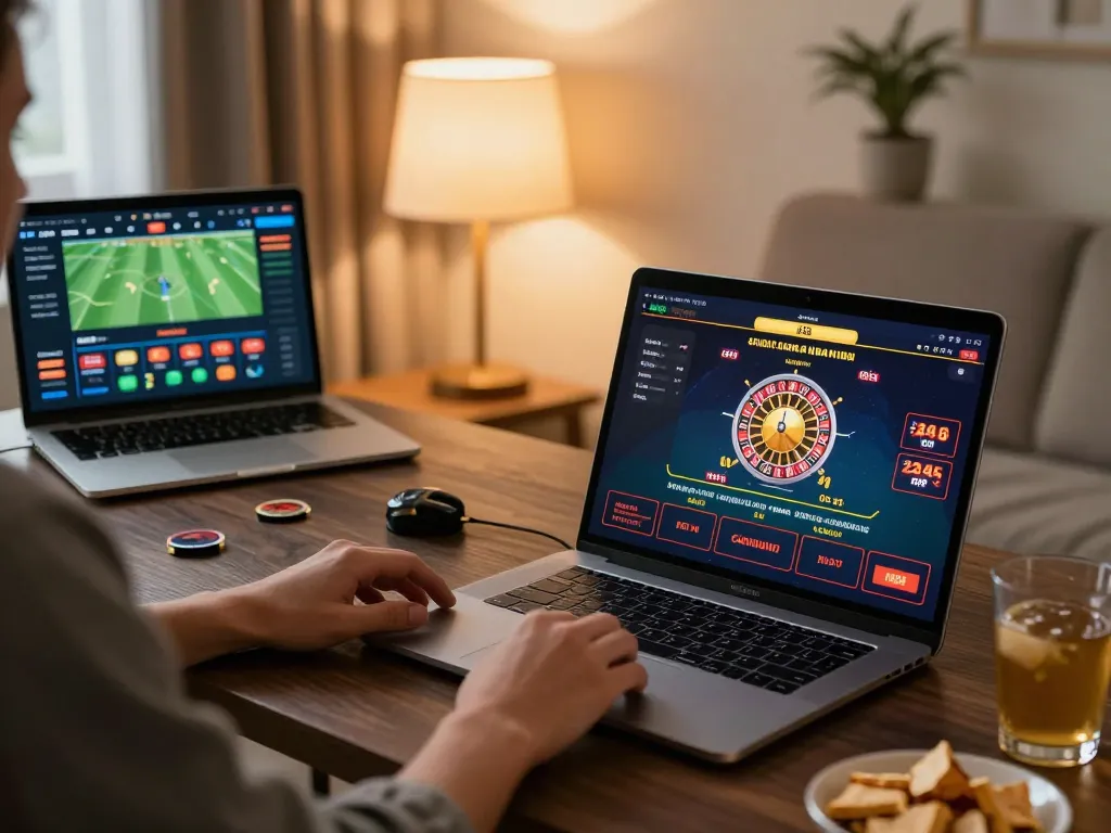 Engaging in live gaming at sungaitoto with a laptop and smartphone showing roulette and sports betting.