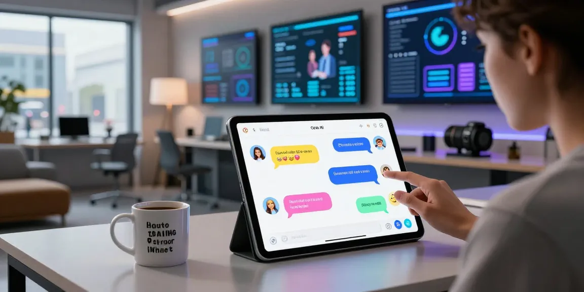 Interactive experience of free ai sex chat on a sleek tablet in a modern tech workspace.