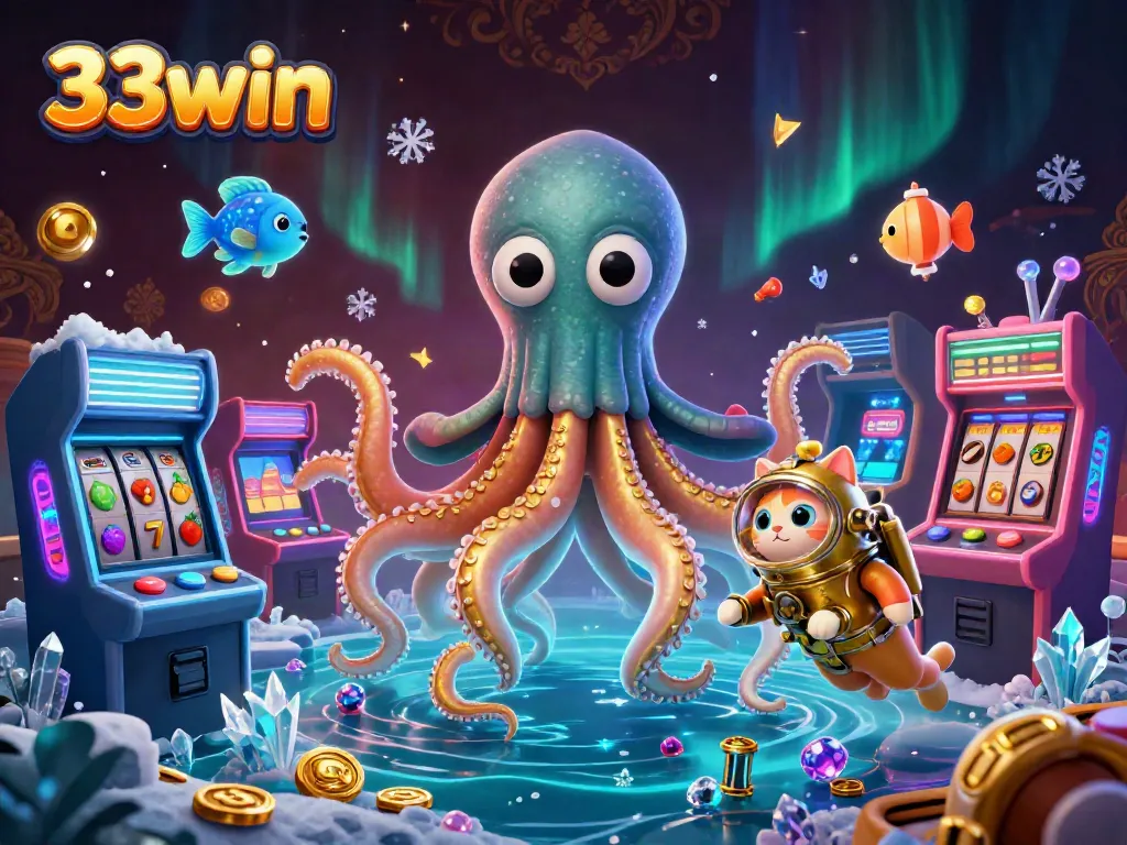 Engage with the thrilling world of 33win through a dynamic 3D illustration featuring vibrant gaming elements.