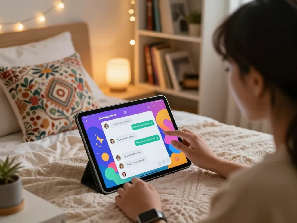 Engaging ai porn chat interaction on a cozy tablet setup, showcasing digital conversation atmosphere.