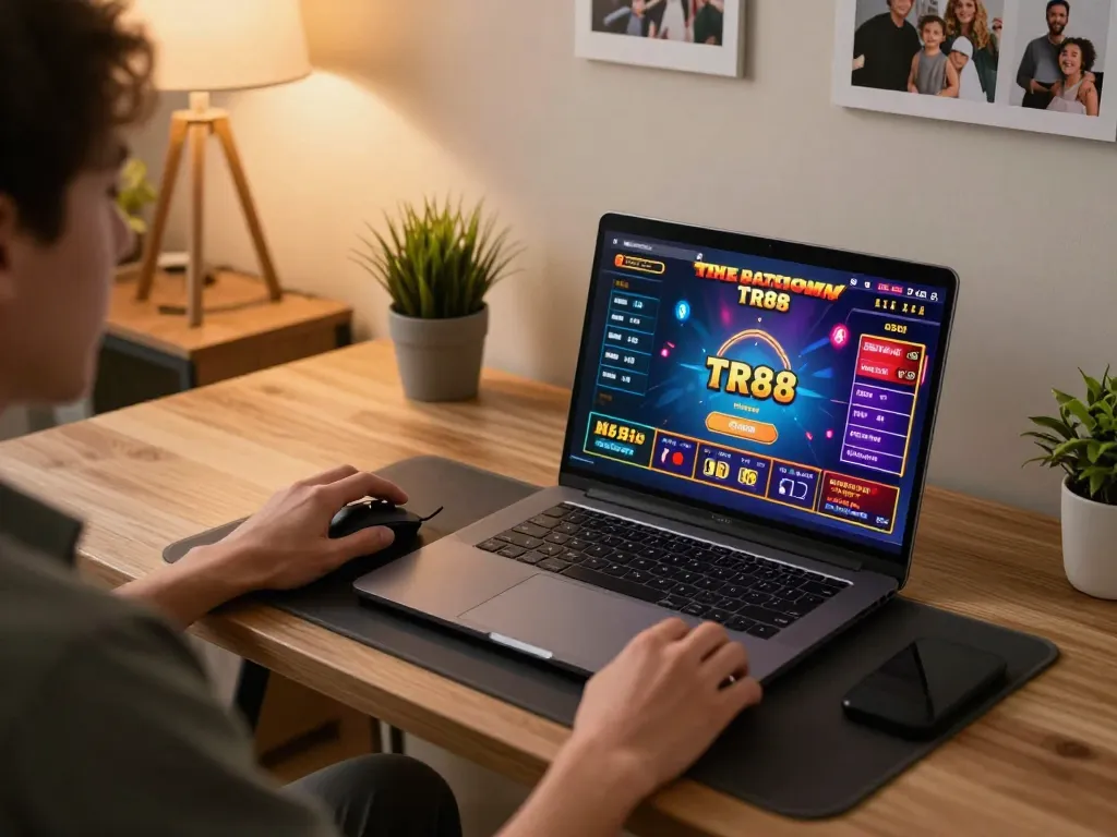 Playing TR88 game on a sleek laptop in cozy home office, showcasing exciting online gaming atmosphere
