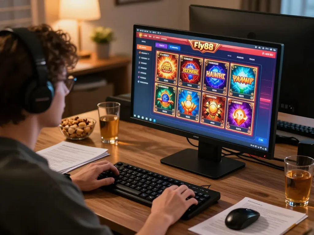 Player engaging with fly88 online casino game from home, showcasing vibrant gaming interface and snacks