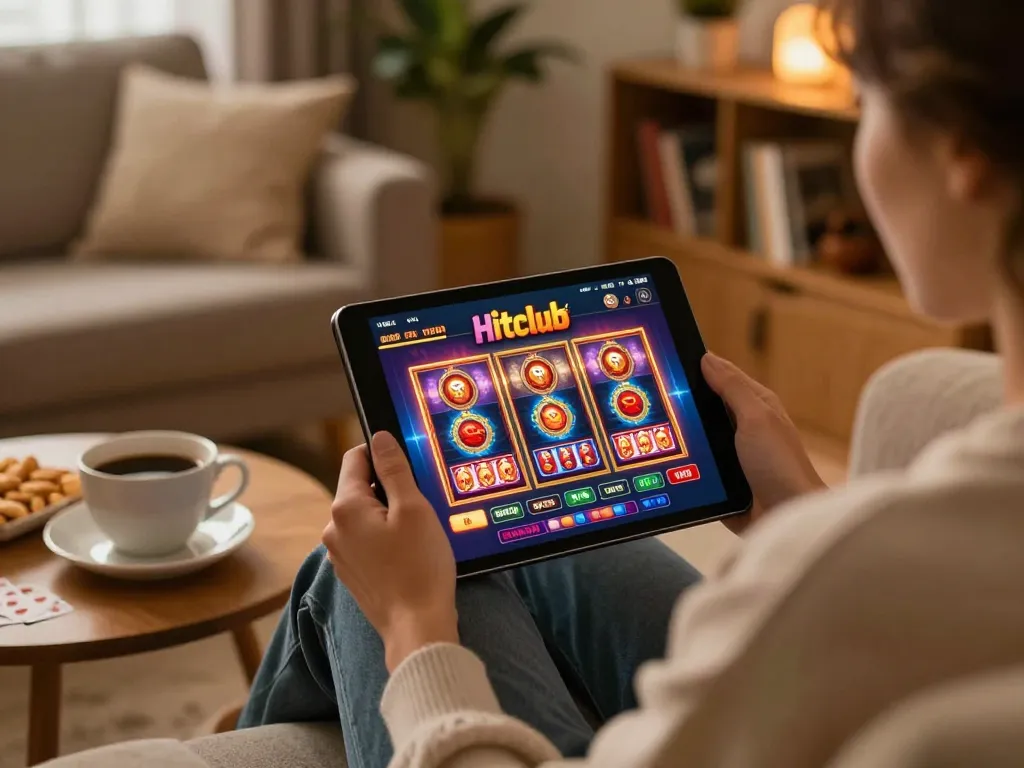 Hitclub user engaging with online casino games on a tablet in a cozy home environment.