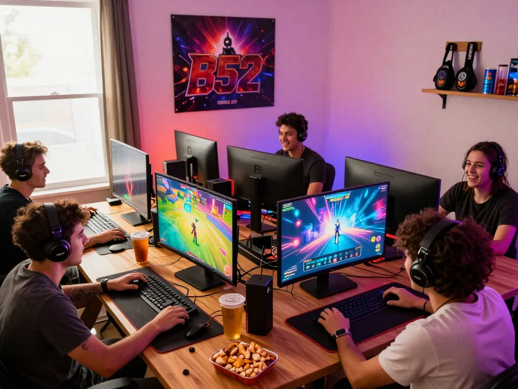 Engaged gamers enjoying the B52 gaming experience in a vibrant home setup.