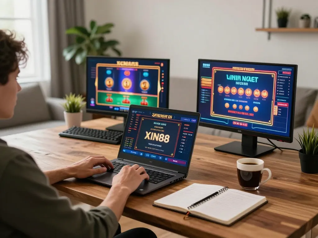 Player enjoying Xin88 online casino on a laptop with strategic notes and coffee at home.