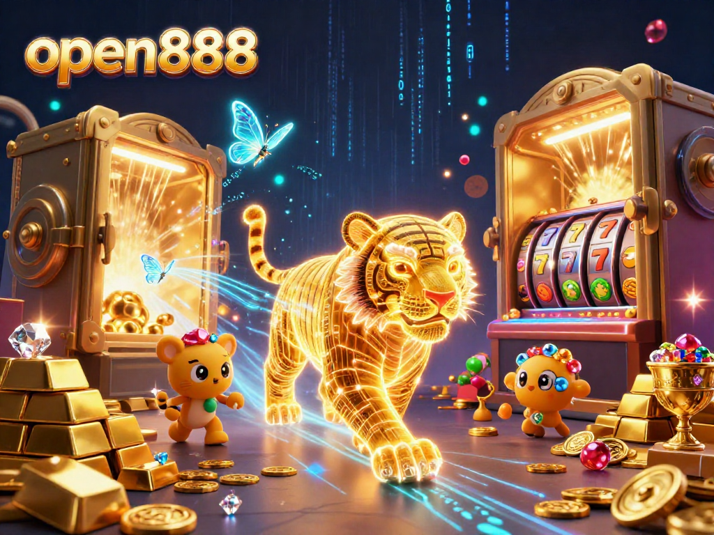 Engage with the excitement of open888 in this vibrant 3D casino scene showcasing a dynamic golden tiger and slot elements.