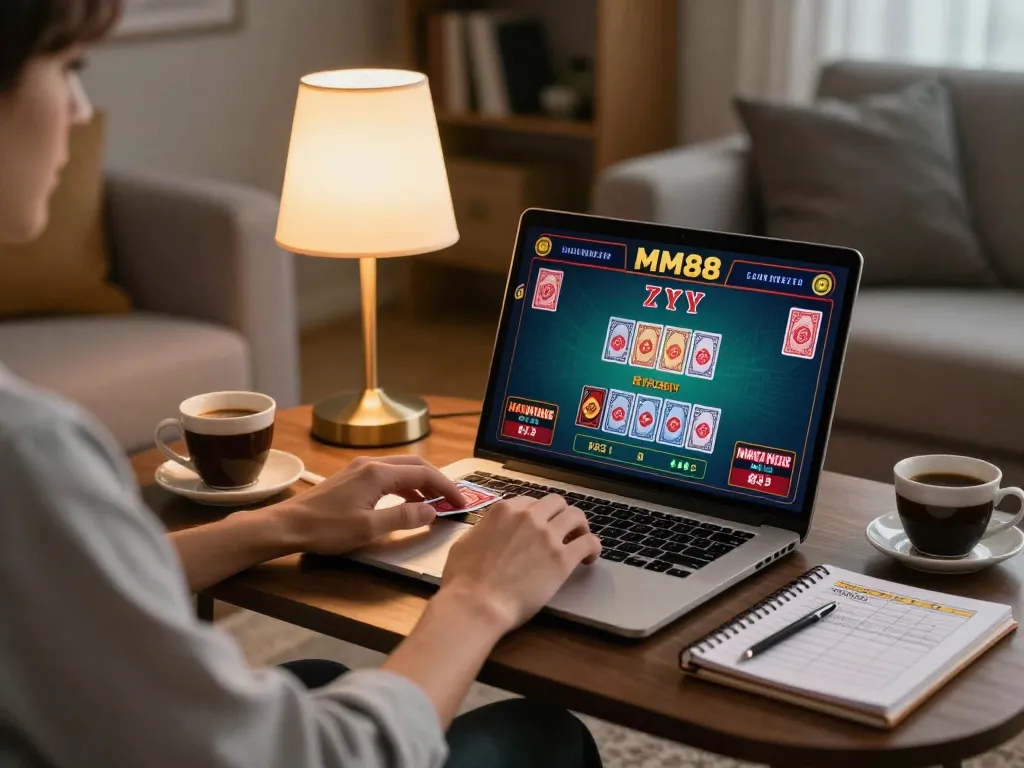 Engaging in MM88 live dealer games on a cozy home sofa with strategic betting notes.