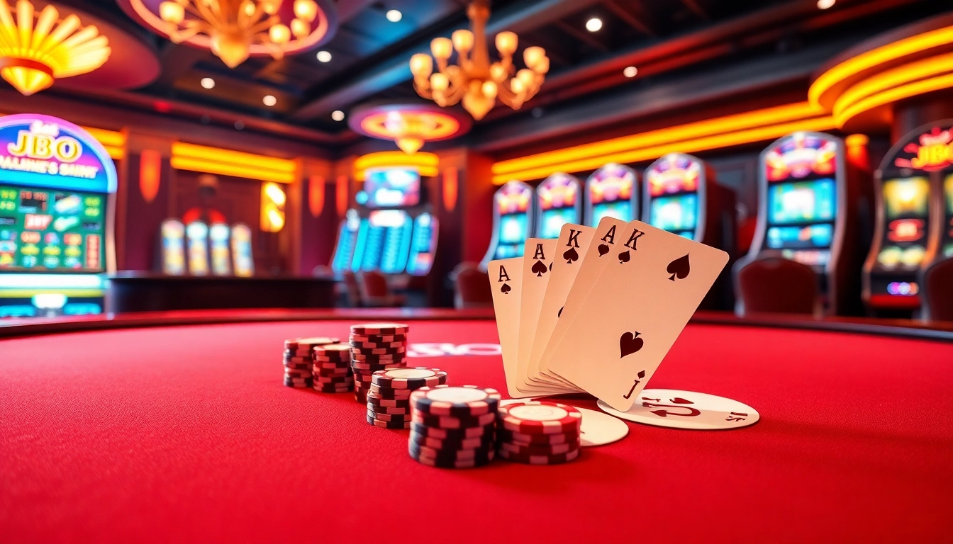 Engaging JBO casino scene featuring poker, roulette, and vibrant slot machines.