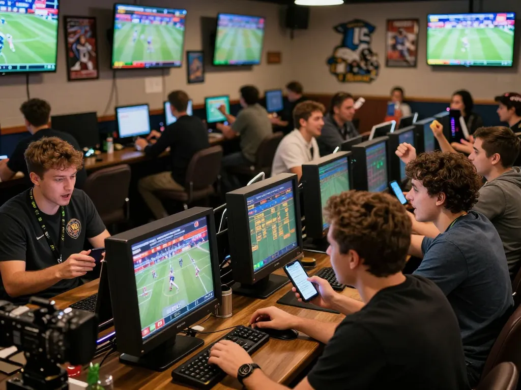 Engaging sports fans actively placing bets on Nowgoal in a lively betting lounge atmosphere