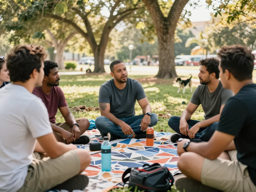 Men sharing experiences in a supportive manclub atmosphere at the park.
