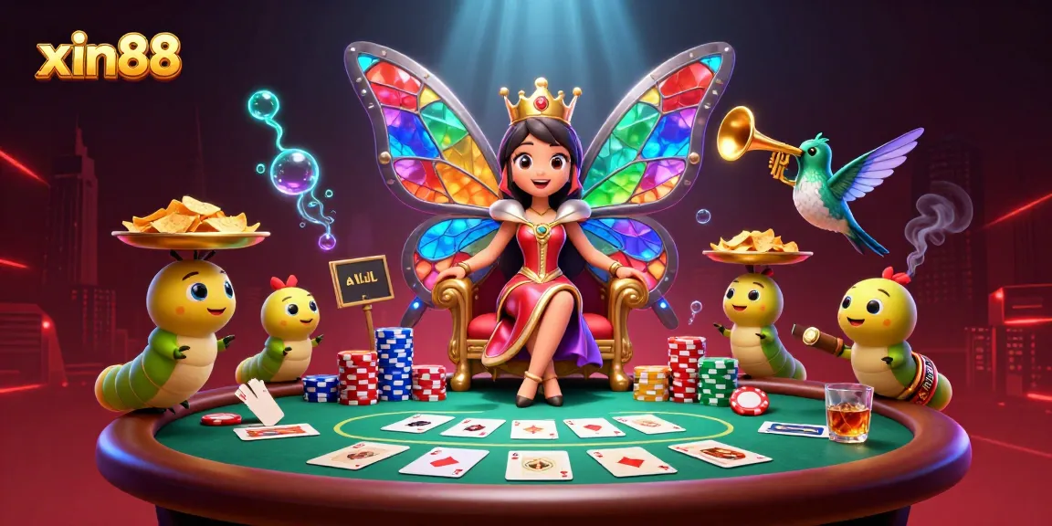 Engage with xin88 as a vibrant butterfly queen commands the poker table in a dazzling casino scene.