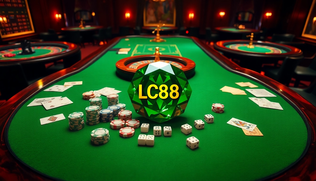 Experience excitement at LC88 gem casino with vibrant tables, cards, and winning elements.