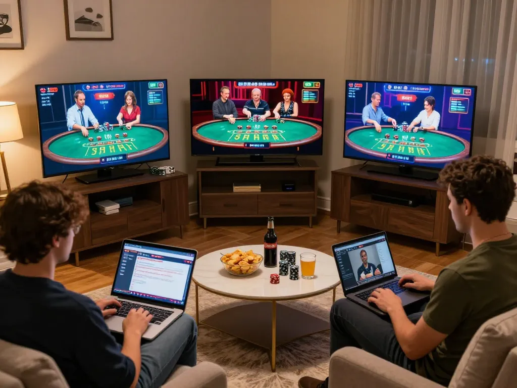 Players enjoying live dealer blackjack with FLY88 on their screens, showcasing an engaging online casino experience.