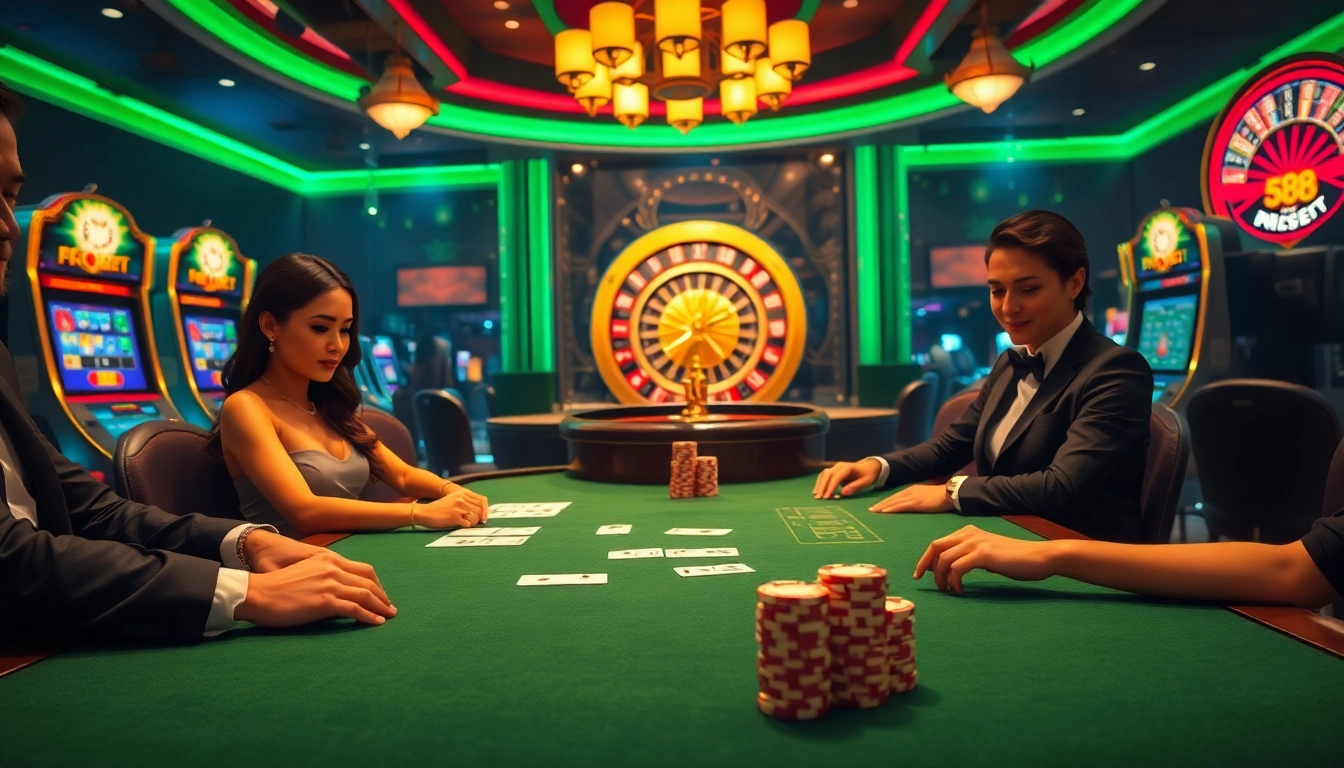 Players enjoying a game of poker at F88BET casino, showcasing vibrant gaming elements and elegance.