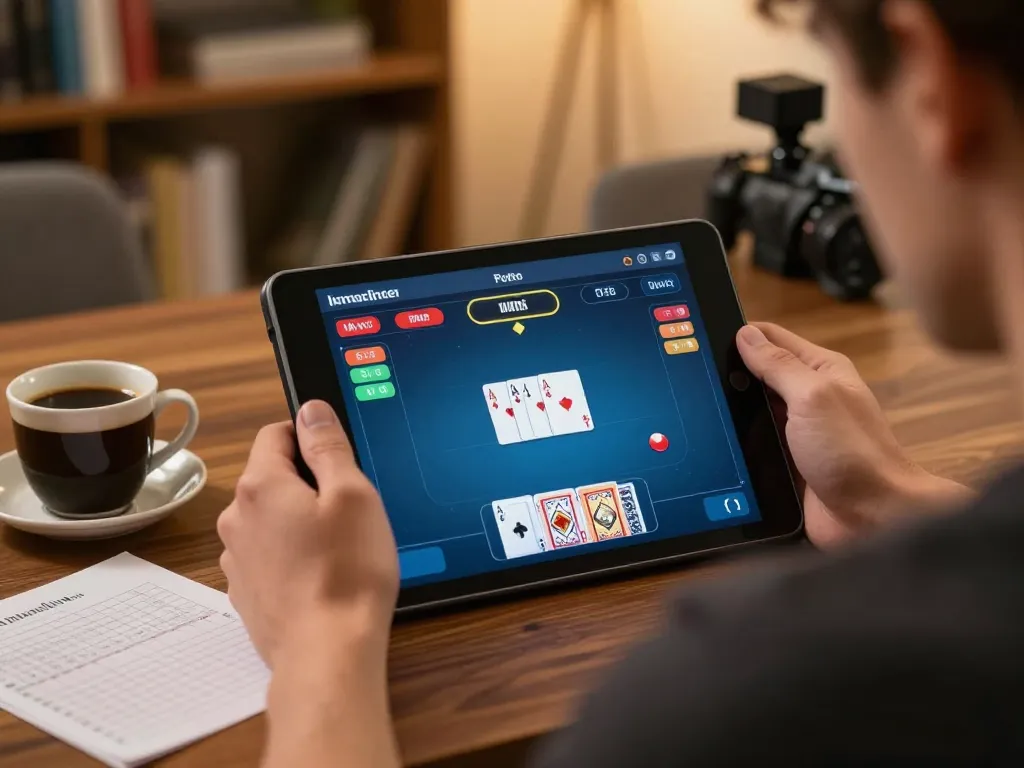 Engaged user strategizing their bets on Tx88 poker game app from home.