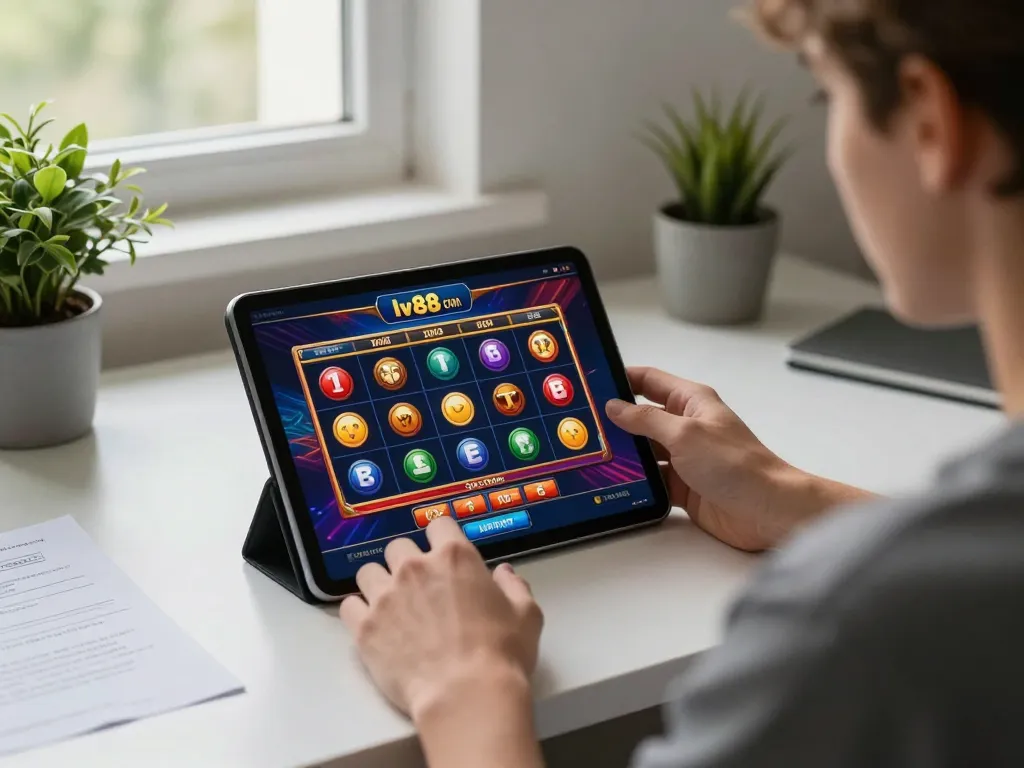 Engaging with lv88 com app for slot games in a cozy home office setting.