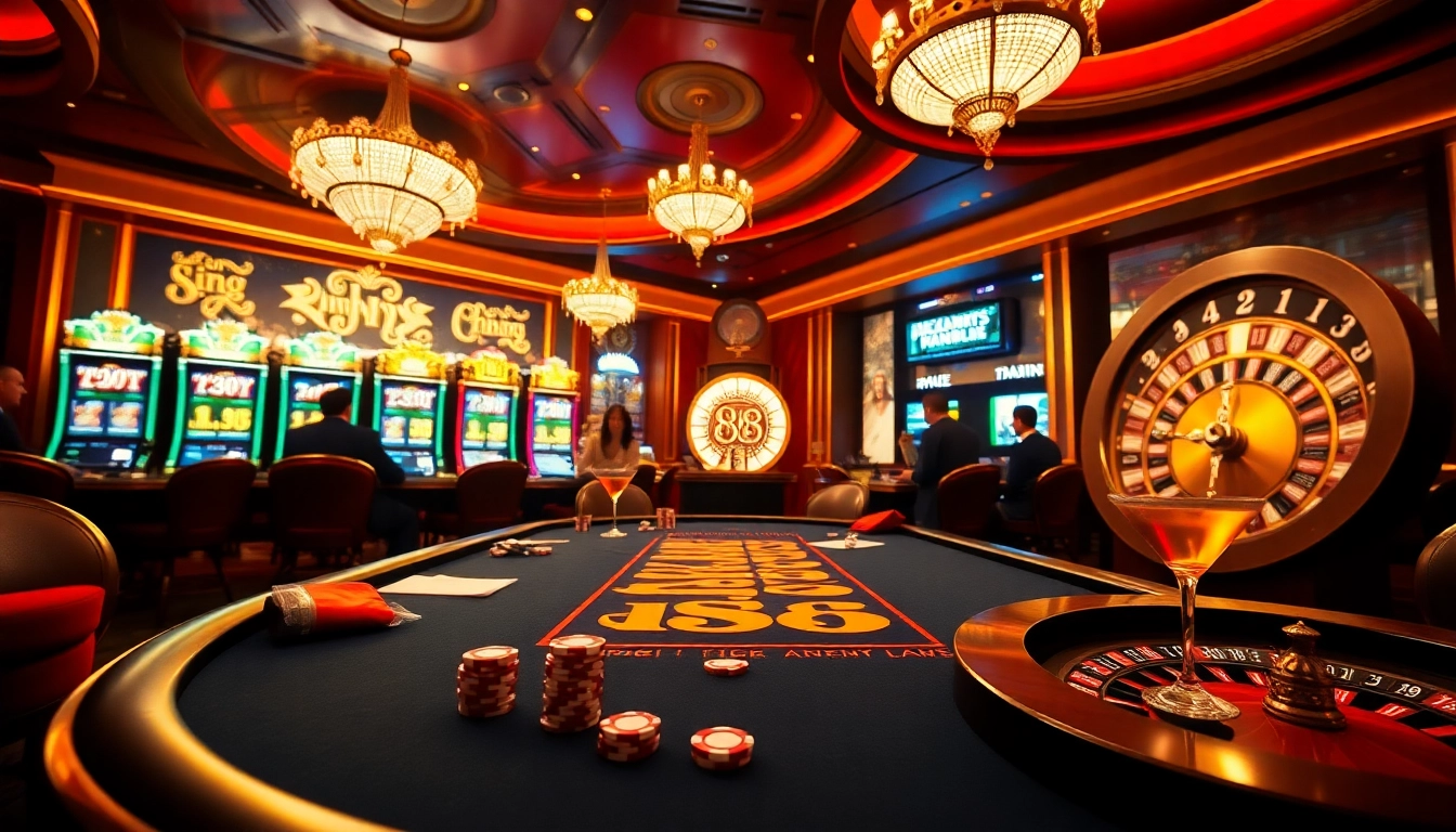 Engage in a thrilling game at king 88, surrounded by luxurious casino elements like poker chips and vibrant slot machines.