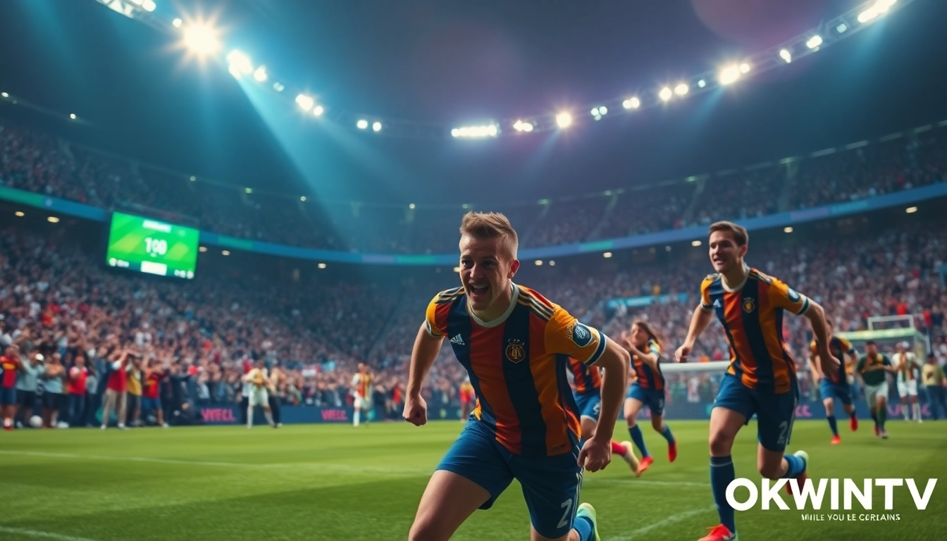 Exciting soccer match atmosphere showcasing OKWINTV branding with vibrant fans and players in action.
