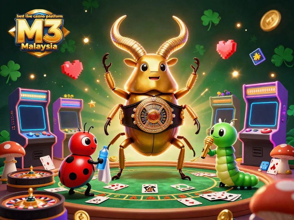 Engage with the best live casino platform M3 Malaysia in this vibrant 3D illustration featuring unique characters and games.