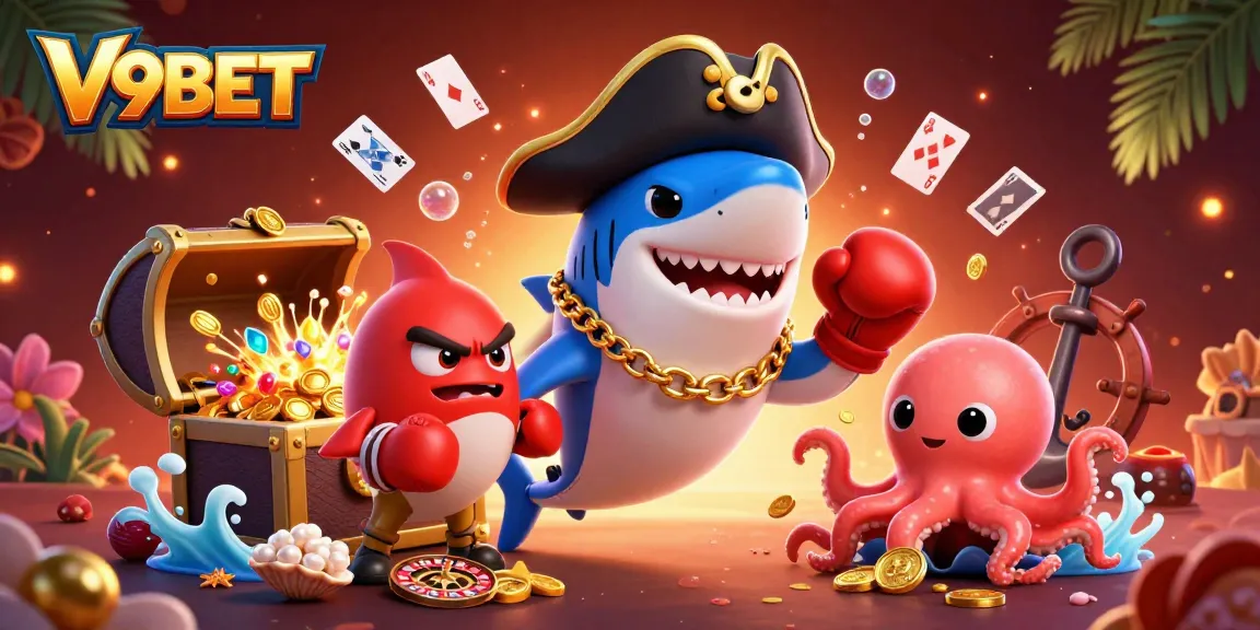 Join V9BET's thrilling casino adventure with the shark, pufferfish, and octopus amid riches.