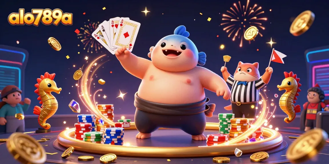 Alo789a engages players with a vibrant underwater casino scene featuring a fugu in a sumo belt.