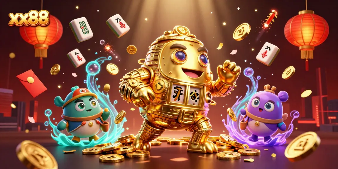 Experience the vibrant world of xx88 with dynamic slot symbols and golden golem in an exciting casino scene.
