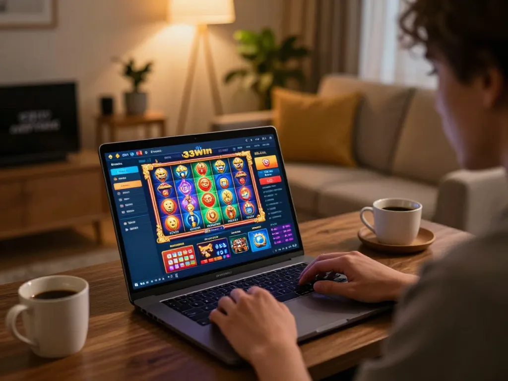 Engaging with exciting games on the 33win app in a cozy home setting, showcasing responsible gambling.
