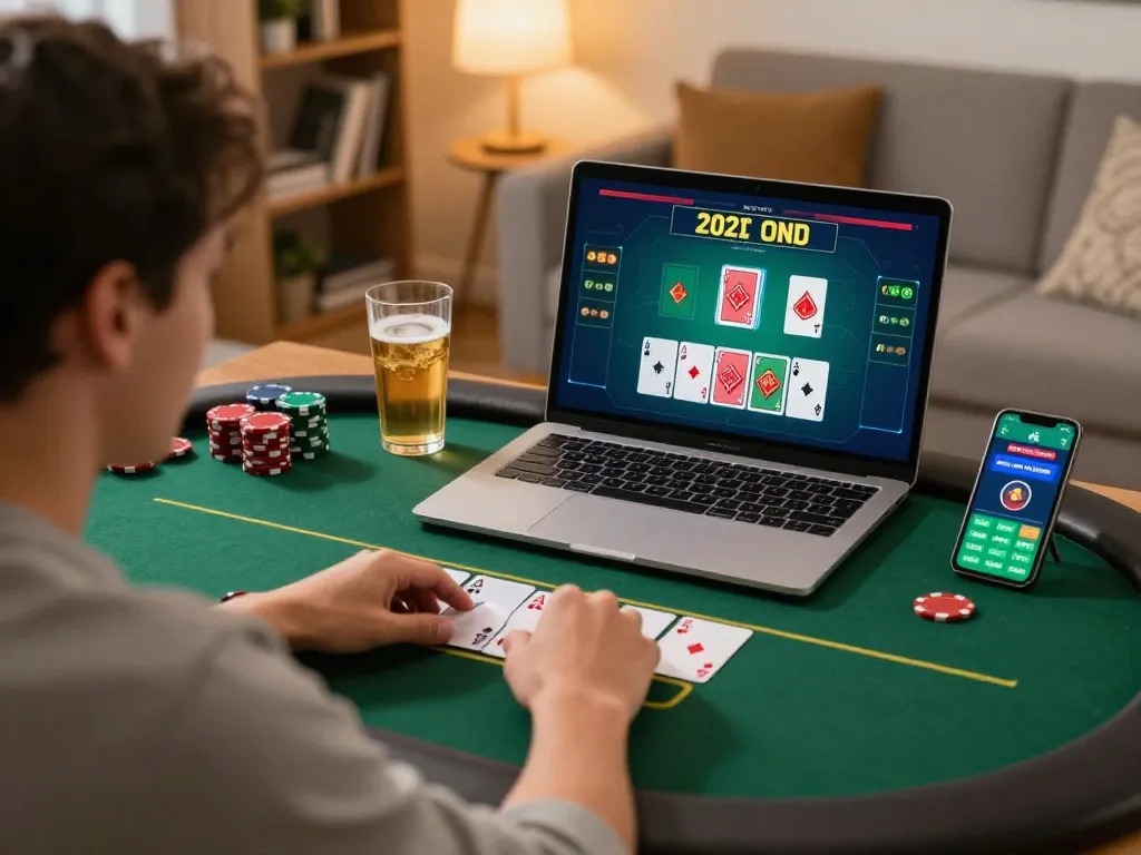 Player enjoying SUNWIN live poker game on laptop, cozy home atmosphere with snacks