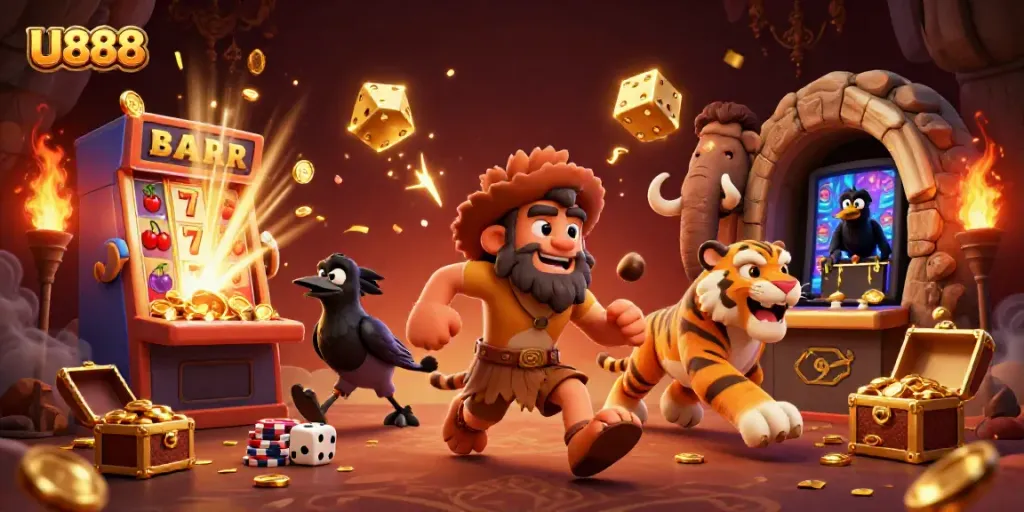 Experience thrilling gameplay at U888 with a vibrant casino scene featuring characters and gaming elements.