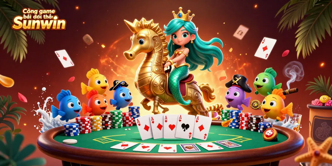 Cổng game bài đổi thưởng Sunwin with a vibrant 3D cartoon scene featuring a mermaid princess, poker elements, and colorful fish.