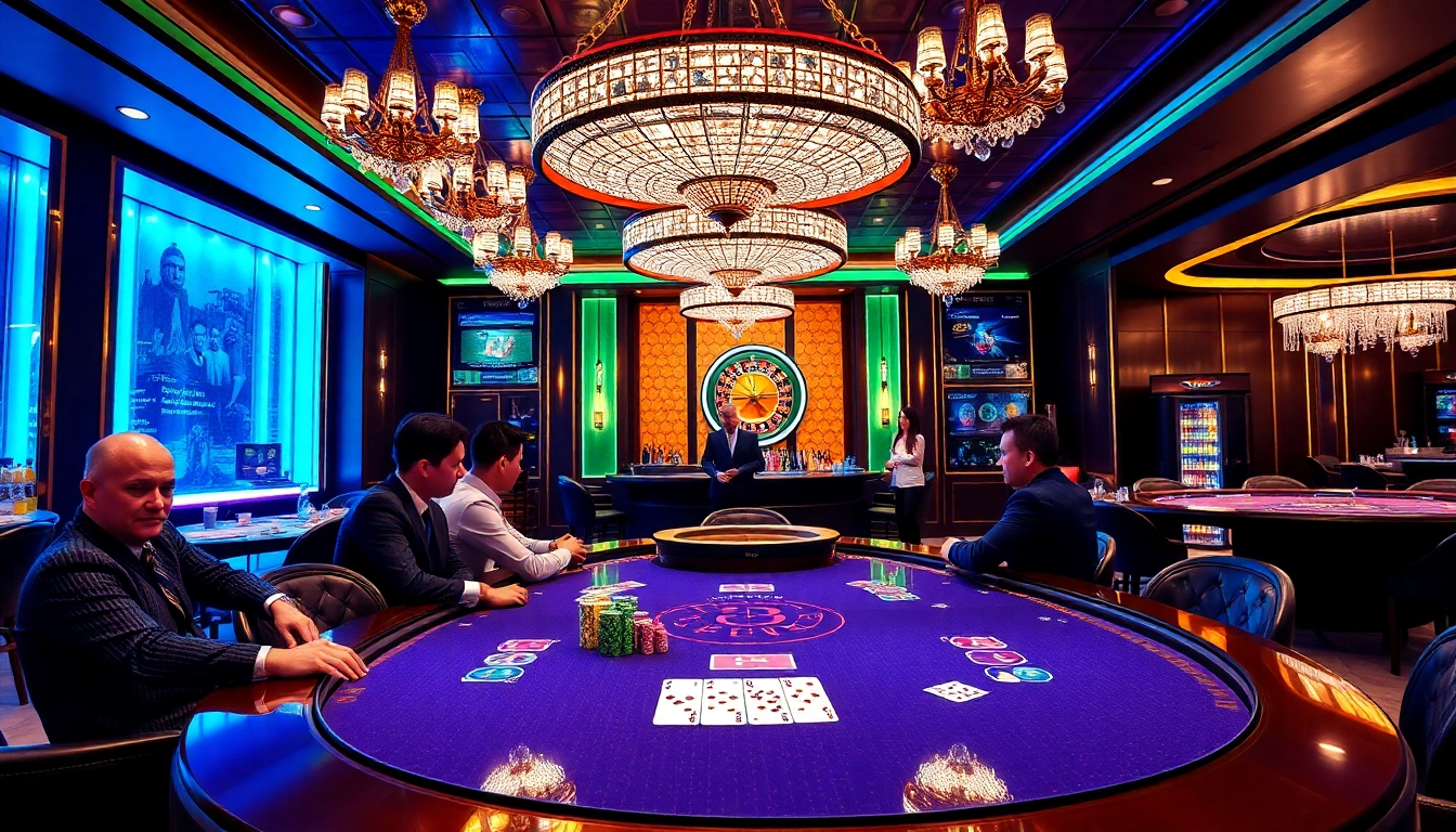 Exciting gaming action at x88 com's luxurious casino with poker table and roulette wheel.