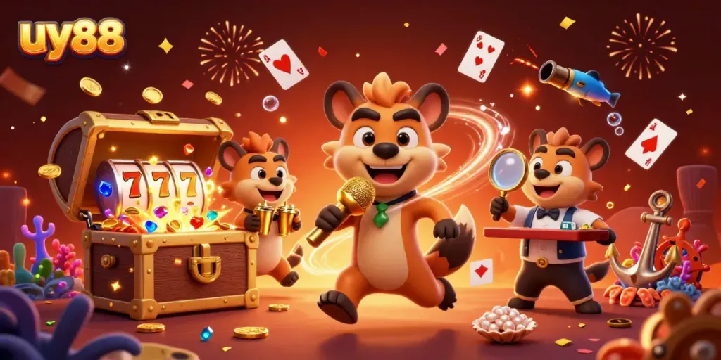 Experience laughter and excitement at uy88's comedy casino club with animated hyenas.