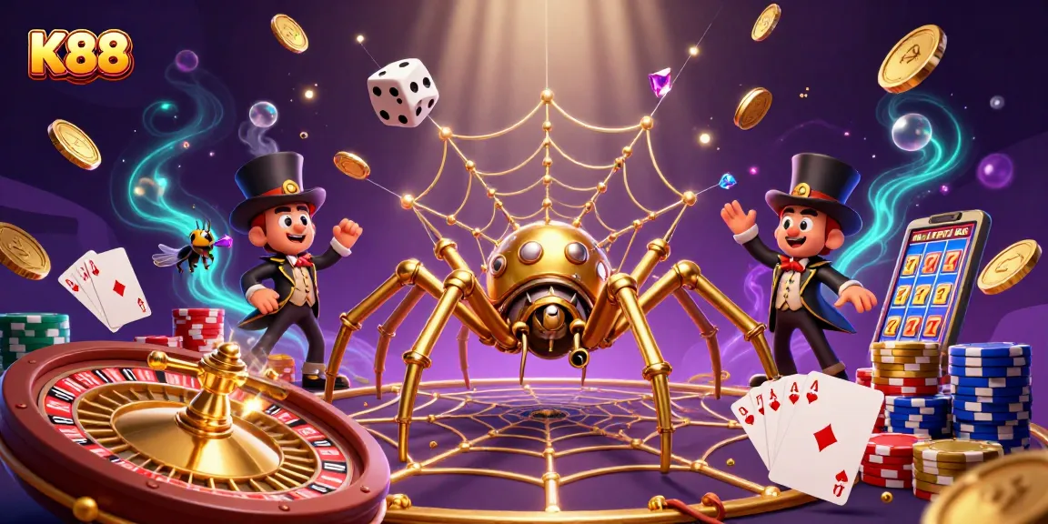 K88 captures exciting moments in a vibrant casino scene with golden coins and spinning roulette wheels.