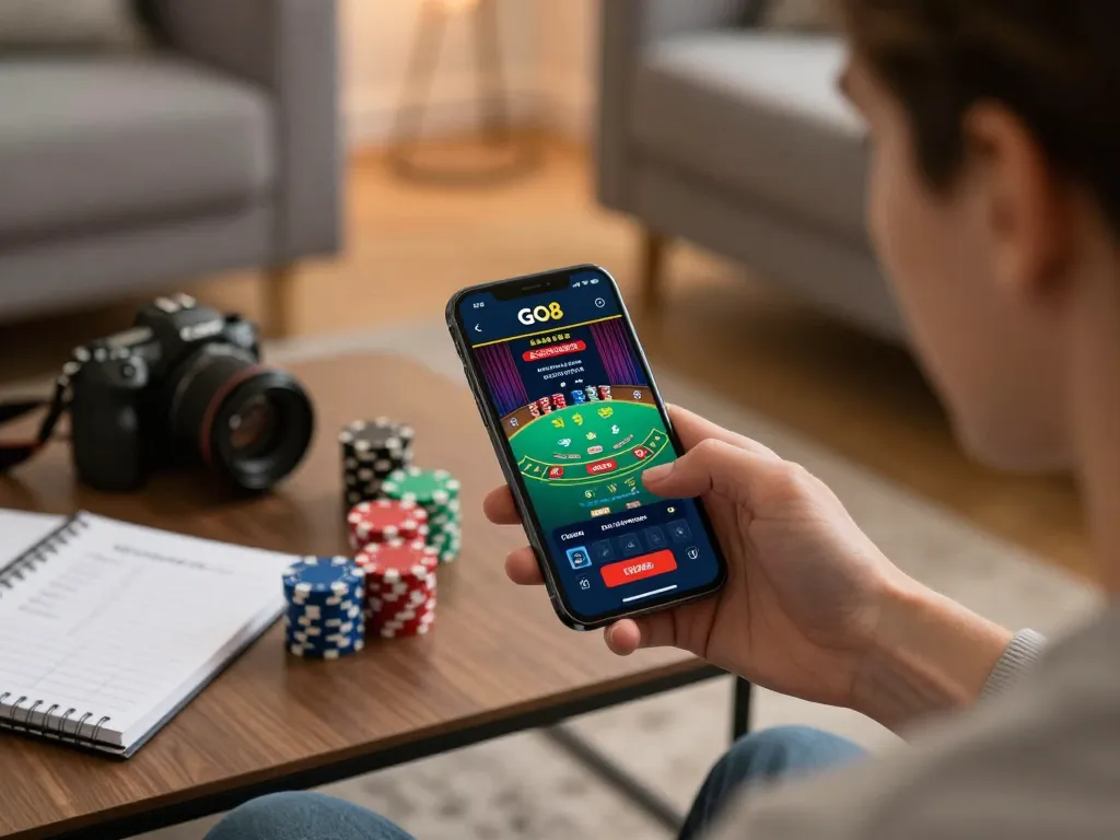 Engaging with the GO8 online casino app for responsible gambling at home.