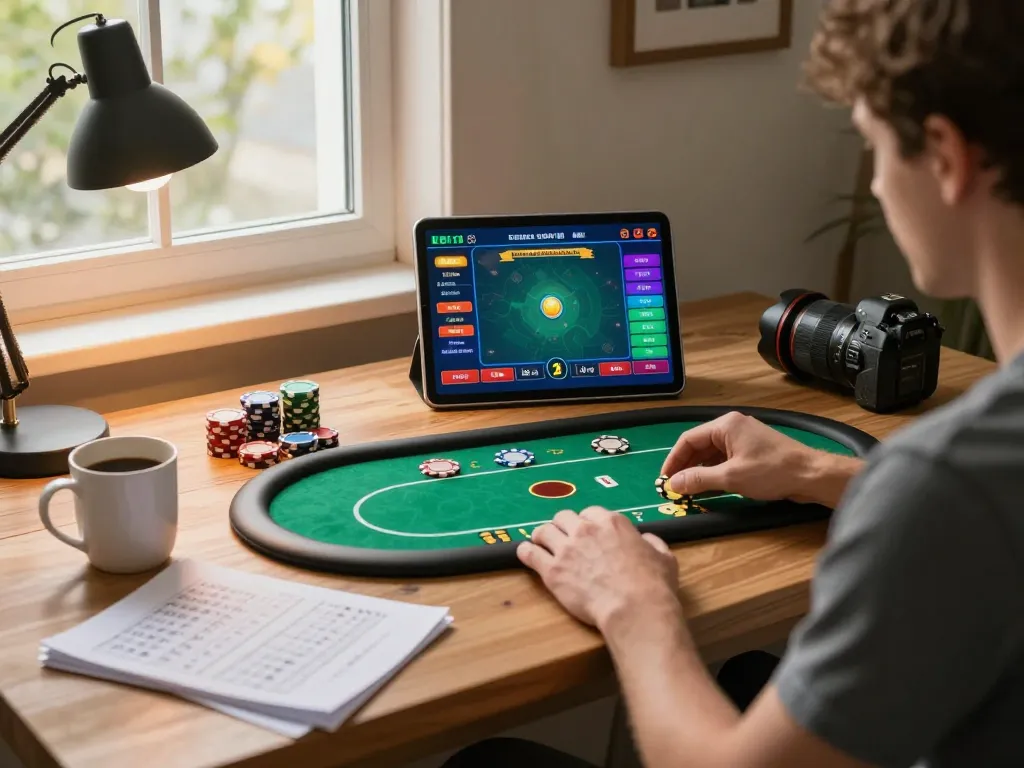 No-limit poker gameplay on trang chủ 23win with friends enjoying live streaming in a cozy home workspace