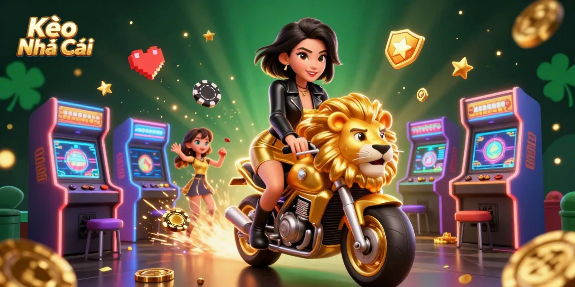 Engaging scene of Kèo Nhà Cái with glamorous Asian woman riding a golden lion, surrounded by vibrant casino elements.