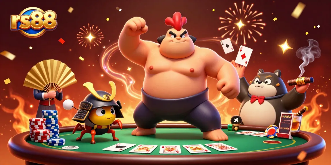 Experience thrilling rs88 gameplay with a sumo wrestler, cricket, and tanuki in a dynamic casino scene.