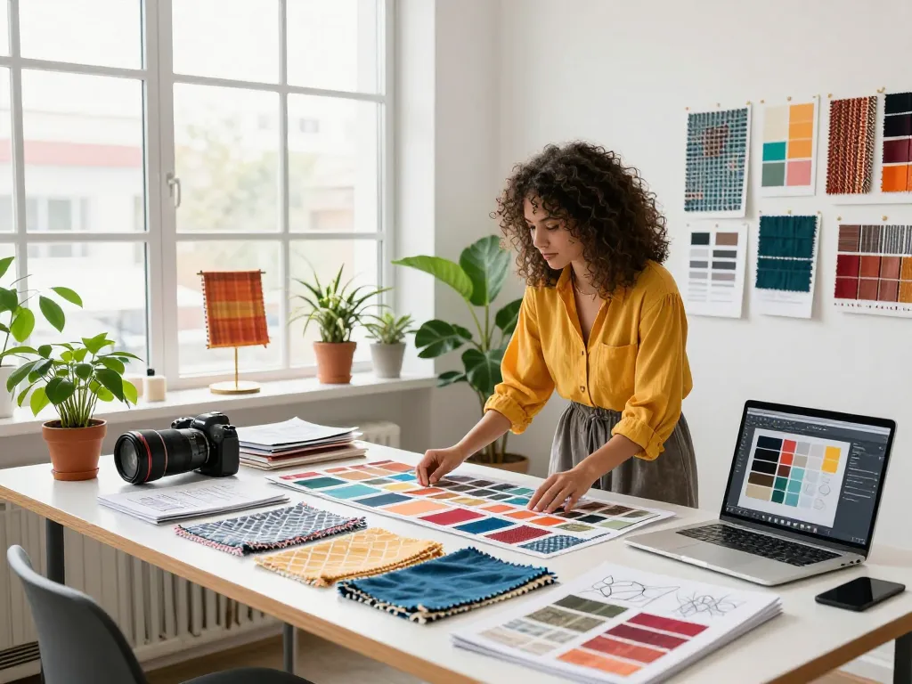 Textile designer exploring fabric samples and colors at Sunwin studio.