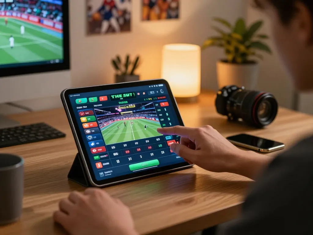 Person betting on sports using zbett mobile app at stylish home workspace