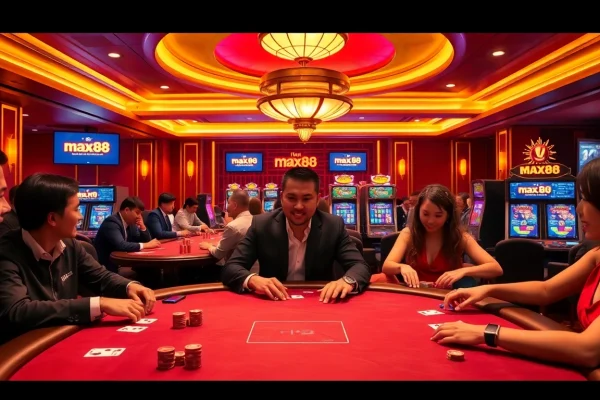 Players enjoying the excitement of gambling at nhà cái max88 casino with vibrant chips and cards.