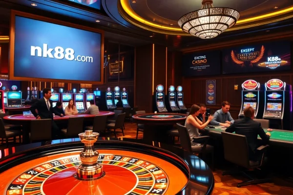 Engaging players analyzing strategies at nk88.com casino tables in a vibrant casino setting.