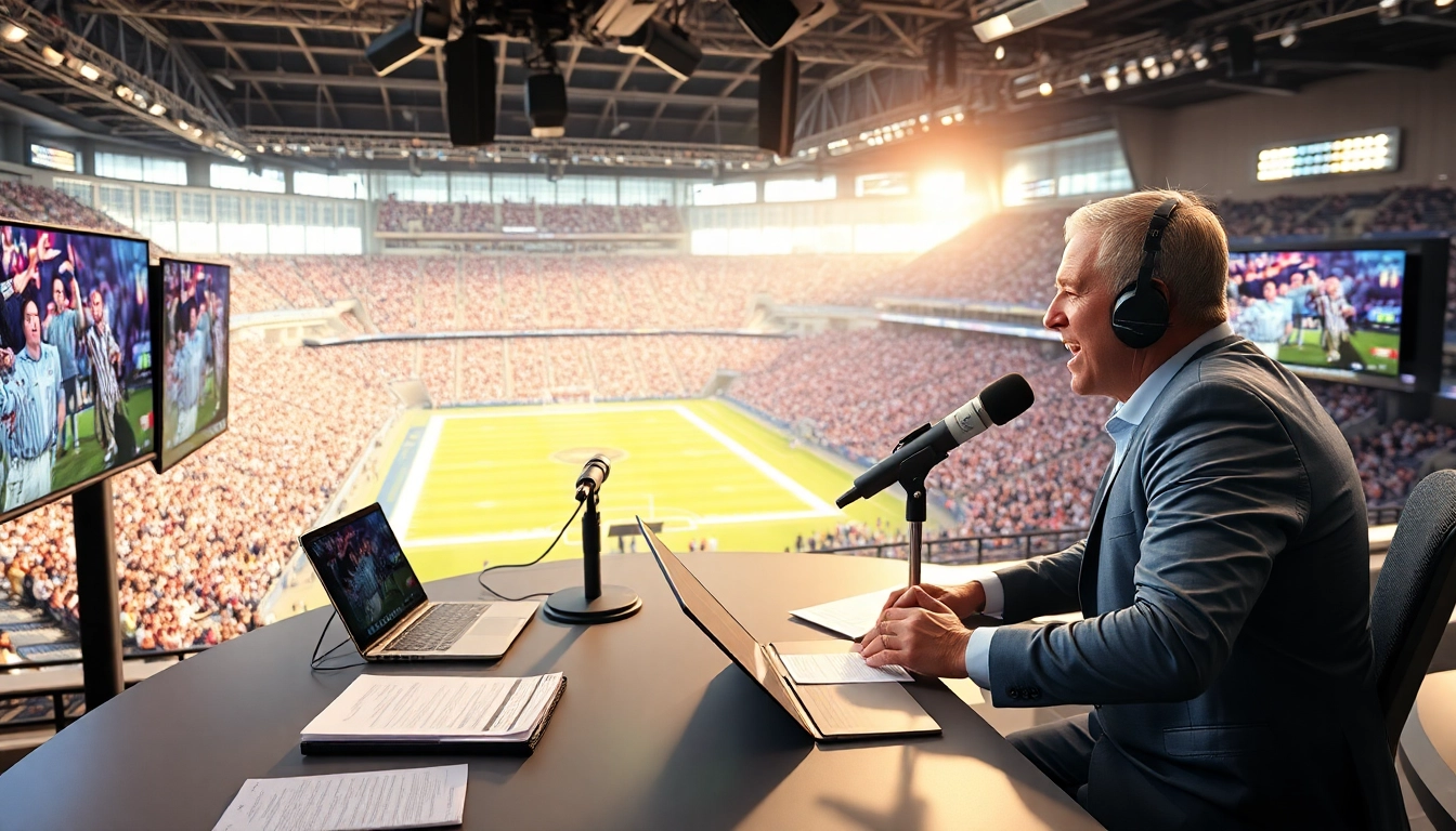 Engaging sports broadcasting setup with a commentator at the helm during live sports events.