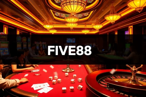 Experience immersive gambling excitement at FIVE88 with poker tables, vibrant slot machines, and a luxurious atmosphere.