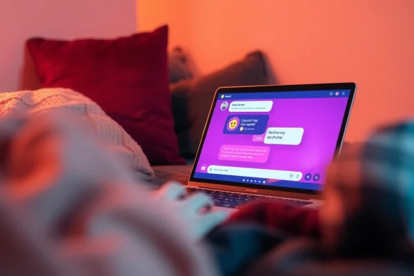 Intimate setting showcasing engaging sex chat ai on laptop, warm colors and cozy atmosphere.