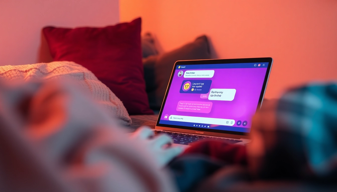 Intimate setting showcasing engaging sex chat ai on laptop, warm colors and cozy atmosphere.