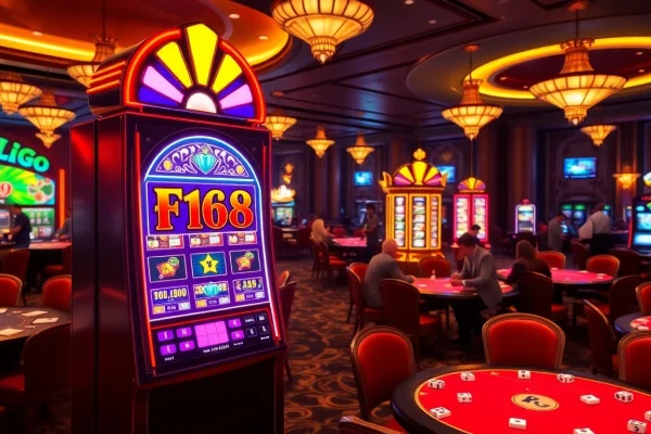 Experience the thrill of f168 nổ hũ with vivid slot machine action on a bustling casino floor.