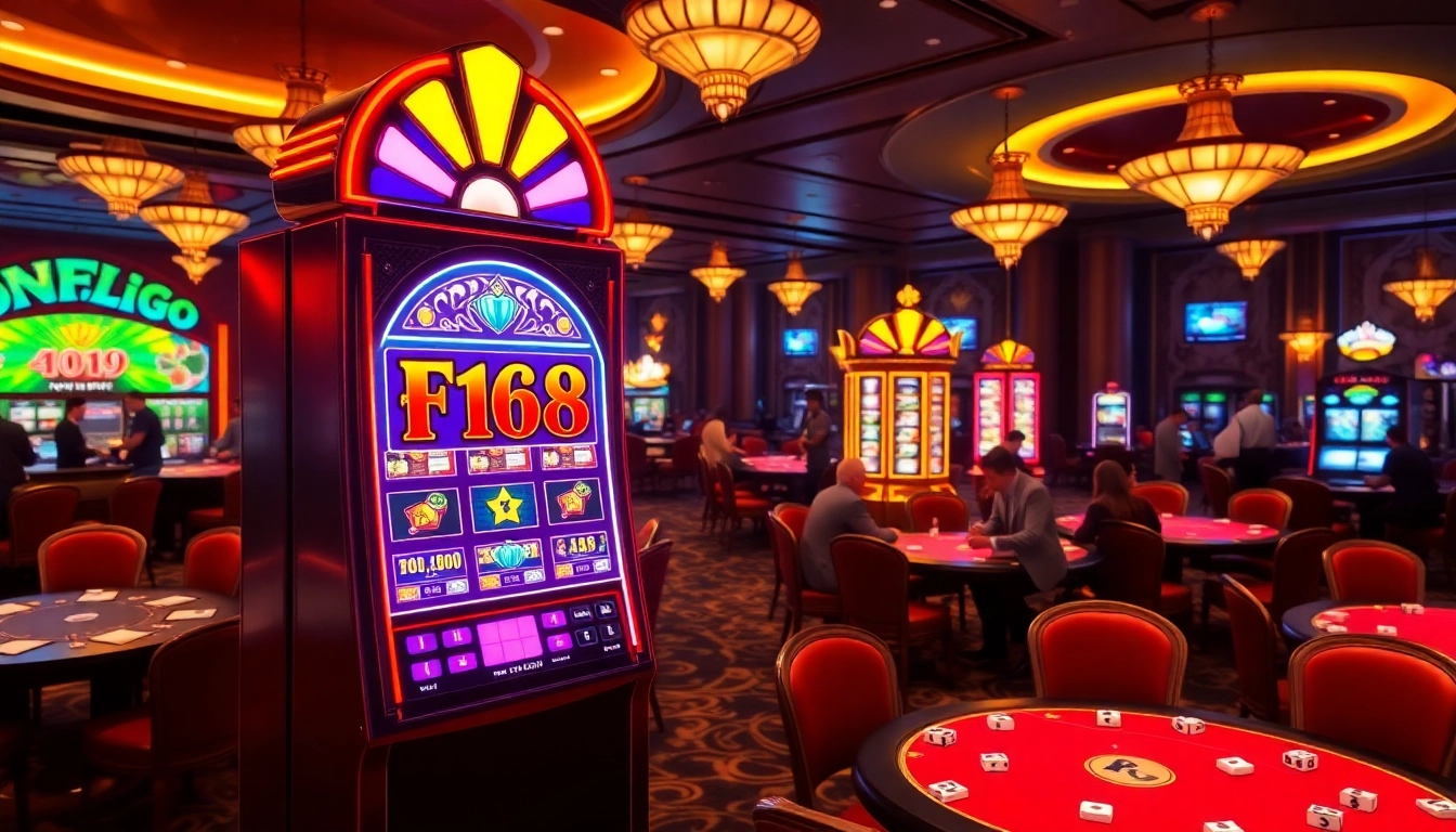 Experience the thrill of f168 nổ hũ with vivid slot machine action on a bustling casino floor.