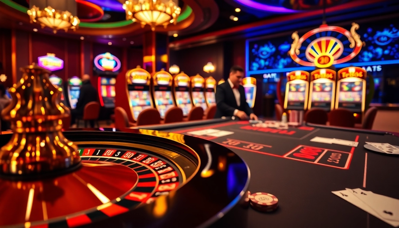 Players engaging in a thrilling game at the casino, showcasing tr88 chips and vibrant roulette wheels.