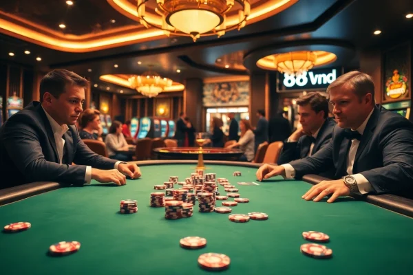 Experience the thrill of a poker game at 888vnd casino with professional players and vibrant chips.